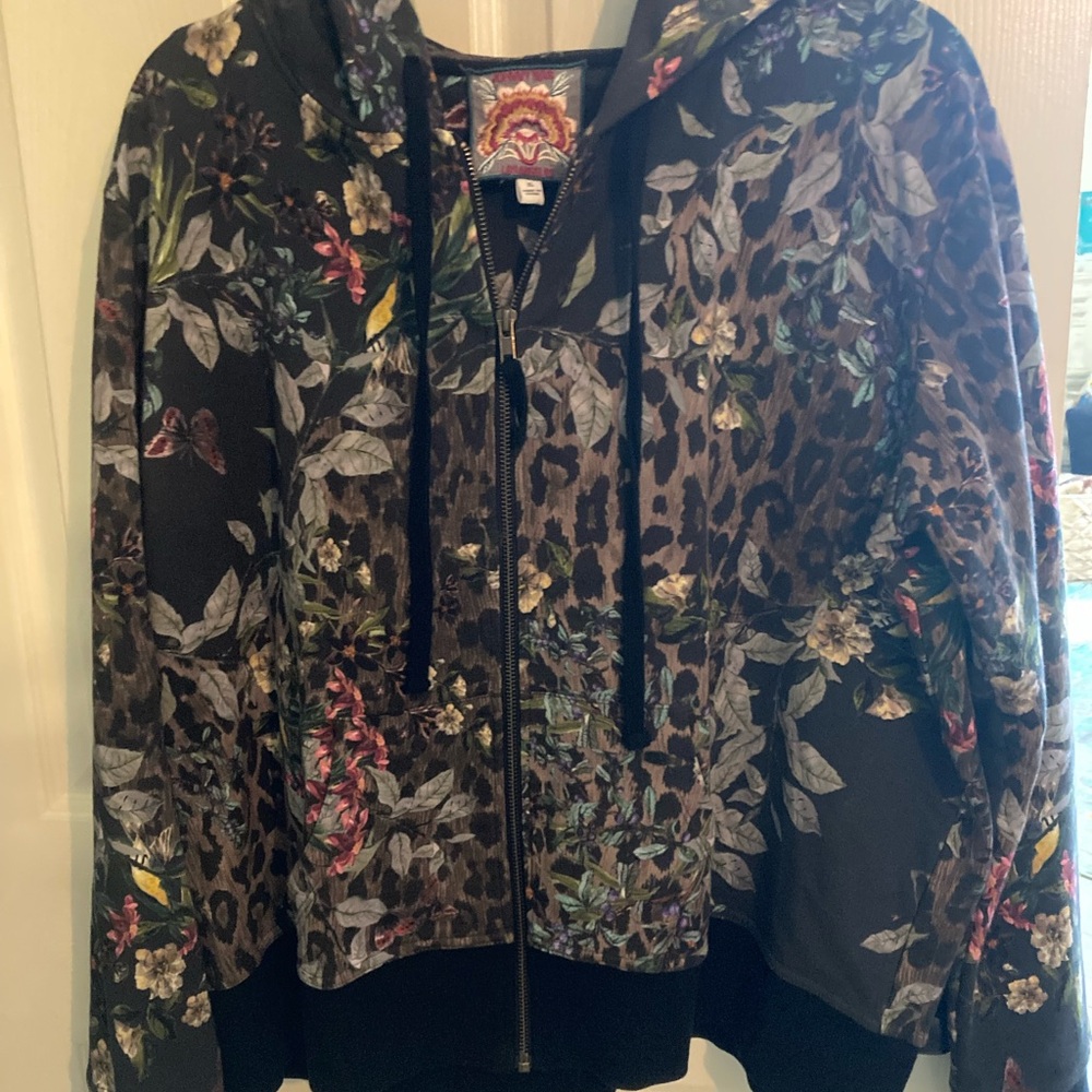 Johnny Was Multicolor Floral and Leopard Hoodie zip up Jacket